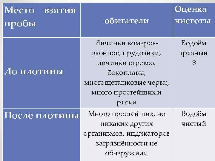 Место взятия пробы До плотины После плотины обитатели Оценка чистоты Личинки комаров звонцов, прудовики,