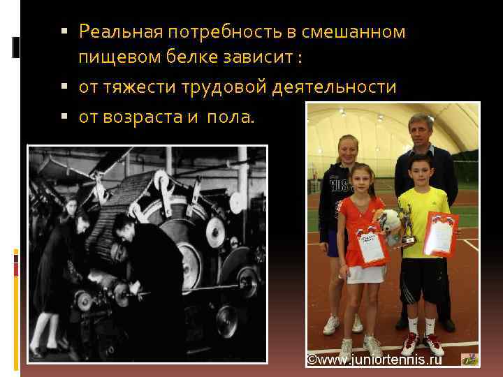  Реальная потребность в смешанном пищевом белке зависит : от тяжести трудовой деятельности от