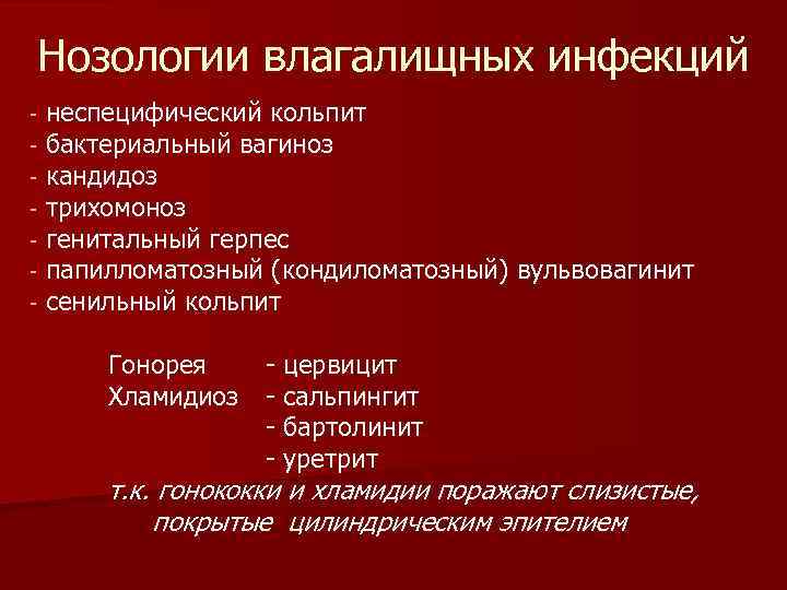 Нозологии влагалищных инфекций - неспецифический кольпит бактериальный вагиноз кандидоз трихомоноз генитальный герпес папилломатозный (кондиломатозный)