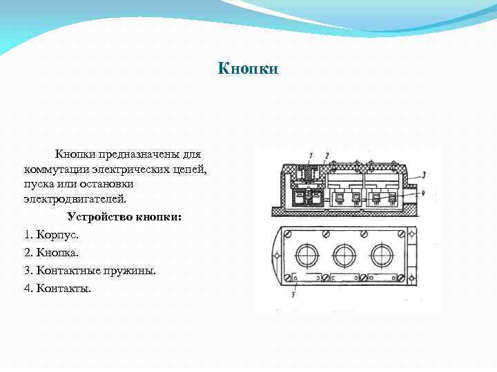 Кнопки предназначены для коммутации электрических цепей, пуска или остановки электродвигателей. Устройство кнопки: 1. Корпус.