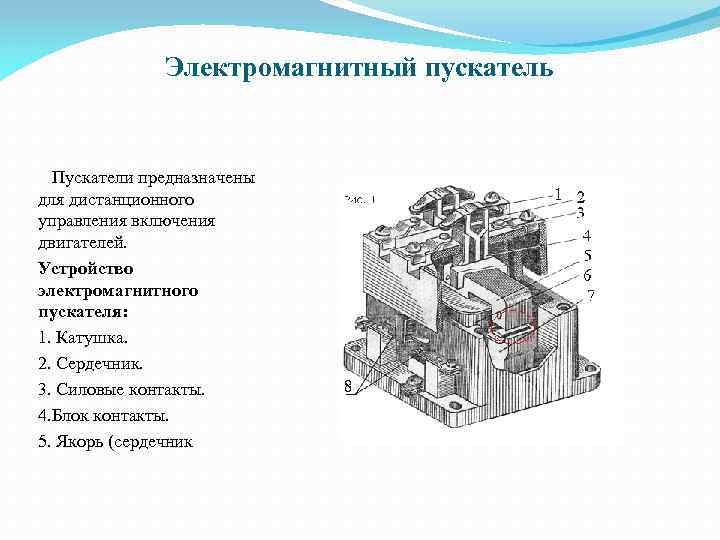 Электромагнитный пускатель Пускатели предназначены для дистанционного управления включения двигателей. Устройство электромагнитного пускателя: 1. Катушка.