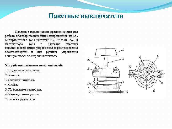 Пакетные выключатели Пакетные выключатели предназначены для работы в электрических цепях напряжением до 380 В