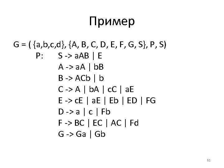 Пример G = ( {a, b, c, d}, {A, B, C, D, E, F,