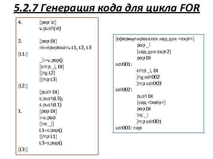 5. 2. 7 Генерация кода для цикла FOR 4. [pop id] v. push(id) 2.