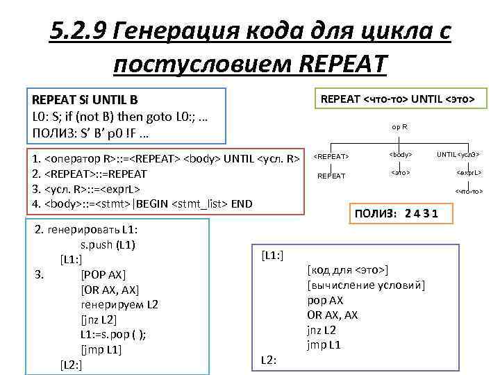 5. 2. 9 Генерация кода для цикла с постусловием REPEAT Si UNTIL B L