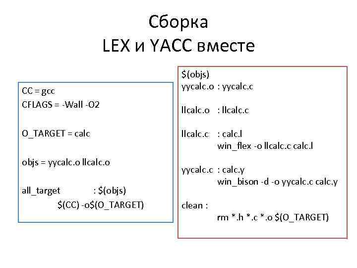 Сборка LEX и YACC вместе CC = gcc CFLAGS = -Wall -O 2 O_TARGET