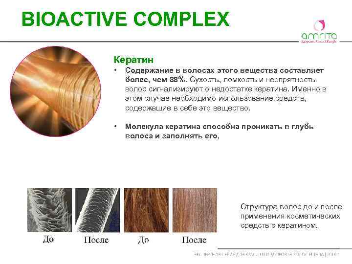 BIOACTIVE COMPLEX Кератин • Содержание в волосах этого вещества составляет более, чем 88%. Сухость,