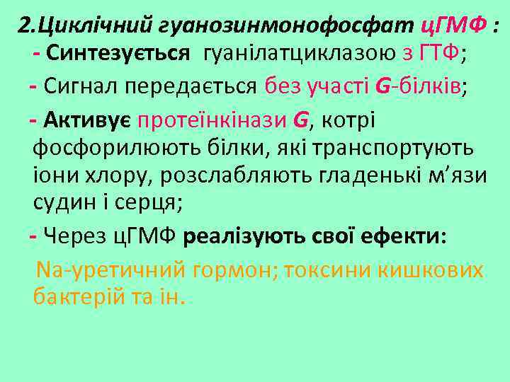 2. Циклічний гуанозинмонофосфат ц. ГМФ : - Синтезується гуанілатциклазою з ГТФ; - Сигнал передається