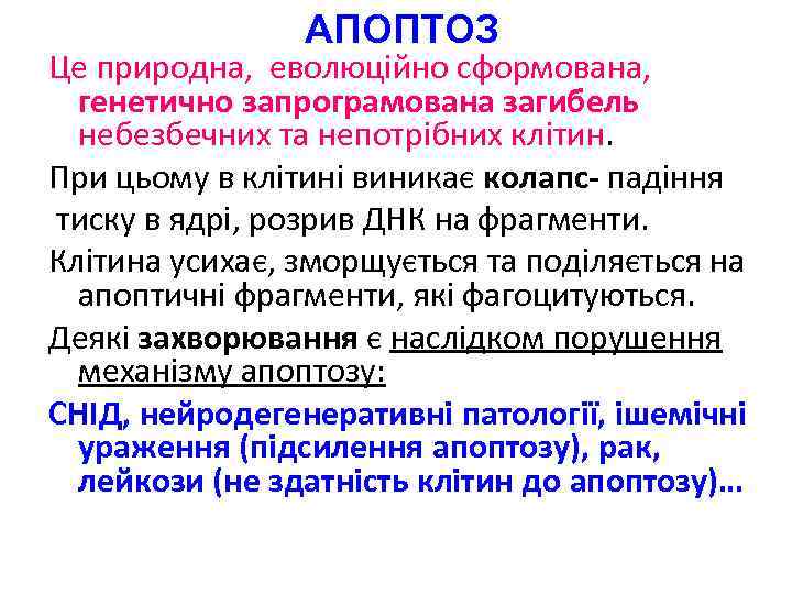 АПОПТОЗ Це природна, еволюційно сформована, генетично запрограмована загибель небезбечних та непотрібних клітин. При цьому
