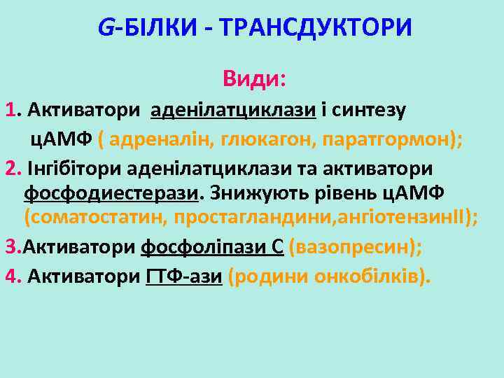 G-БІЛКИ - ТРАНСДУКТОРИ Види: 1. Активатори аденілатциклази і синтезу ц. АМФ ( адреналін, глюкагон,