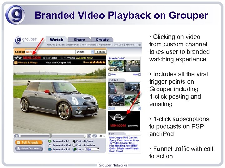 Branded Video Playback on Grouper • Clicking on video from custom channel takes user