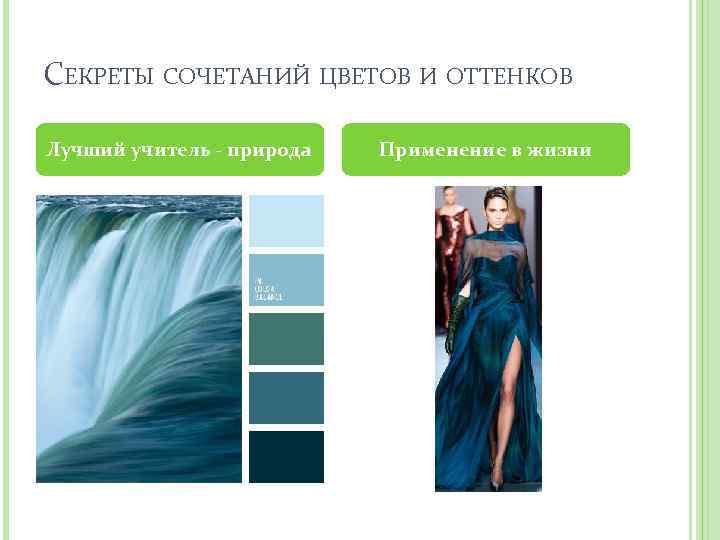 СЕКРЕТЫ СОЧЕТАНИЙ ЦВЕТОВ И ОТТЕНКОВ Лучший учитель - природа Применение в жизни 