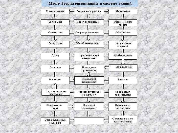 Место Теории организации в системе знаний Естествознание Теория информации Математика Эргономика Теория организации Экономическая