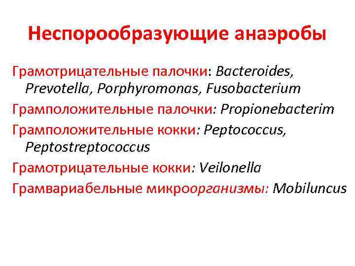 Неспорообразующие анаэробы Грамотрицательные палочки: Bacteroides, Prevotella, Porphyromonas, Fusobacterium Грамположительные палочки: Propionebacterim Грамположительные кокки: Peptococcus,