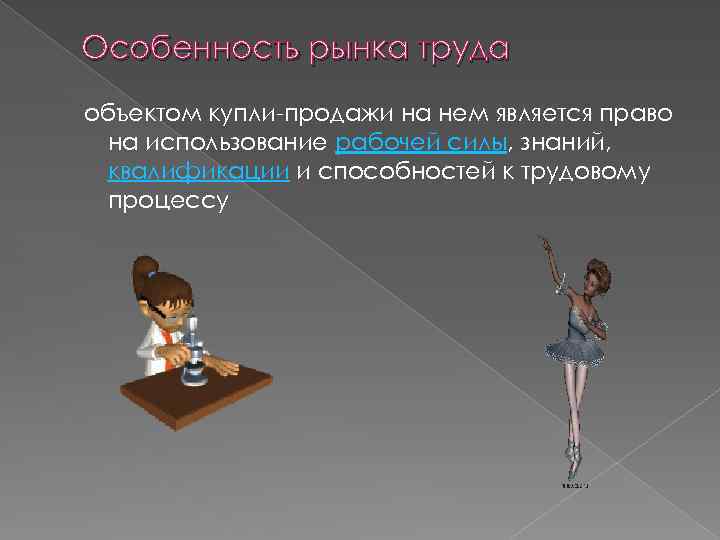 Особенность рынка труда объектом купли-продажи на нем является право на использование рабочей силы, знаний,