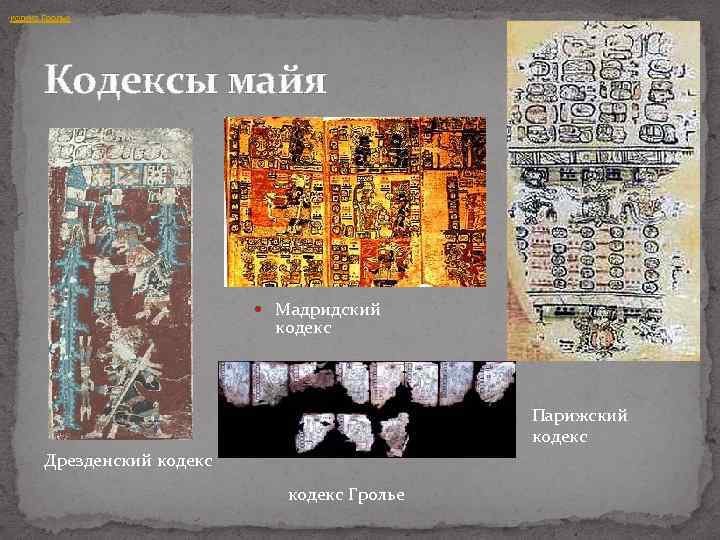  • кодекс Гролье Кодексы майя Мадридский кодекс Парижский кодекс Дрезденский кодекс Гролье 