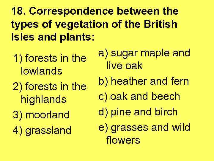 18. Correspondence between the types of vegetation of the British Isles and plants: a)