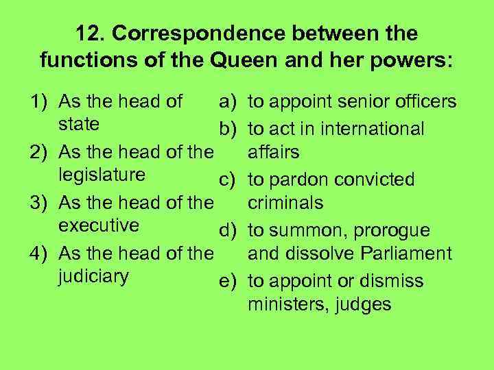 12. Correspondence between the functions of the Queen and her powers: 1) As the