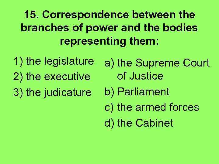 15. Correspondence between the branches of power and the bodies representing them: 1) the