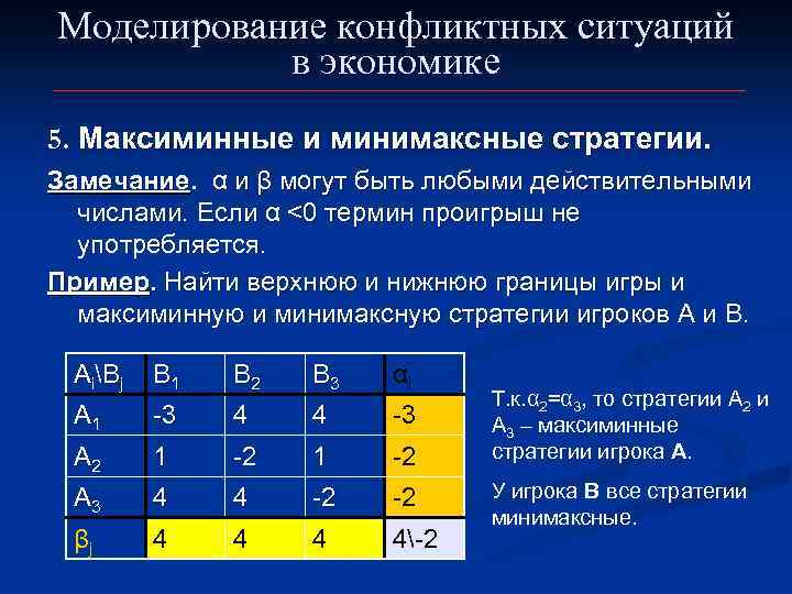 Моделирование конфликтных ситуаций в экономике 5. Максиминные и минимаксные стратегии. Замечание. α и β