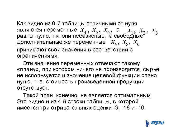  Как видно из 0 -й таблицы отличными от нуля являются переменные а равны