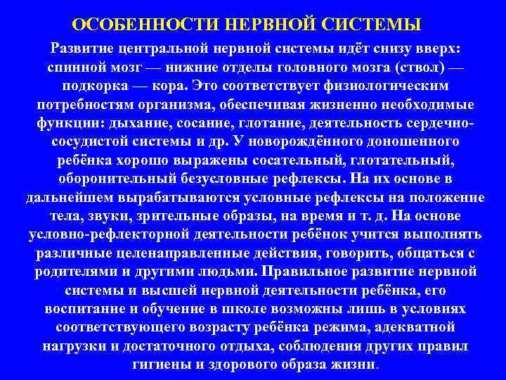 ОСОБЕННОСТИ НЕРВНОЙ СИСТЕМЫ Развитие центральной нервной системы идёт снизу вверх: спинной мозг — нижние