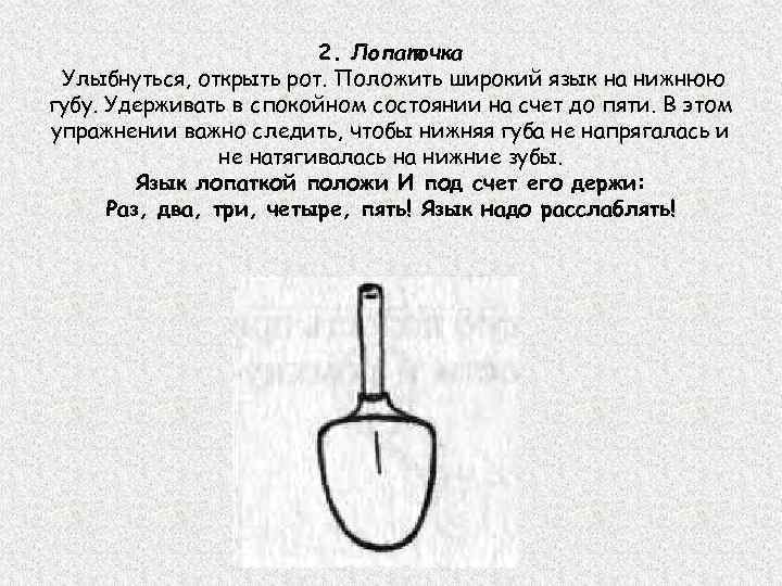 2. Лопаточка Улыбнуться, открыть рот. Положить широкий язык на нижнюю губу. Удерживать в спокойном