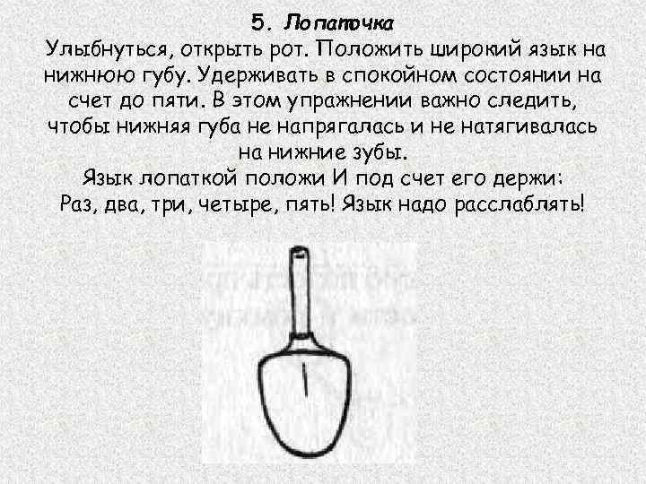 5. Лопаточка Улыбнуться, открыть рот. Положить широкий язык на нижнюю губу. Удерживать в спокойном