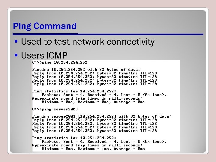 Ping Command • Used to test network connectivity • Users ICMP 