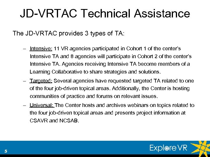 JD-VRTAC Technical Assistance The JD-VRTAC provides 3 types of TA: – Intensive: 11 VR
