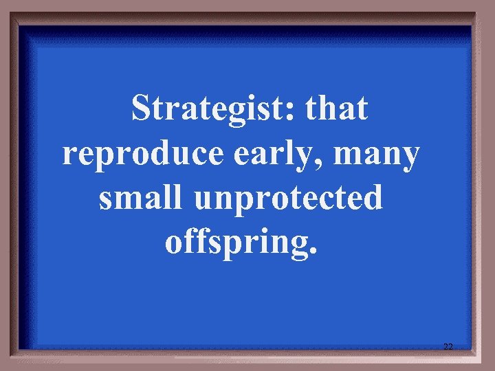  Strategist: that reproduce early, many small unprotected offspring. 22 