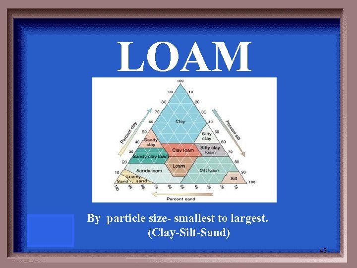 LOAM By particle size- smallest to largest. (Clay-Silt-Sand) 42 