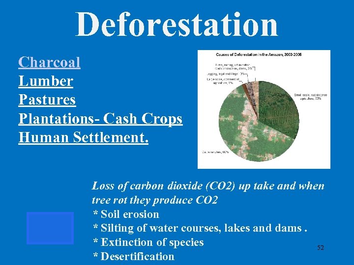 Deforestation Charcoal Lumber Pastures Plantations- Cash Crops Human Settlement. Loss of carbon dioxide (CO