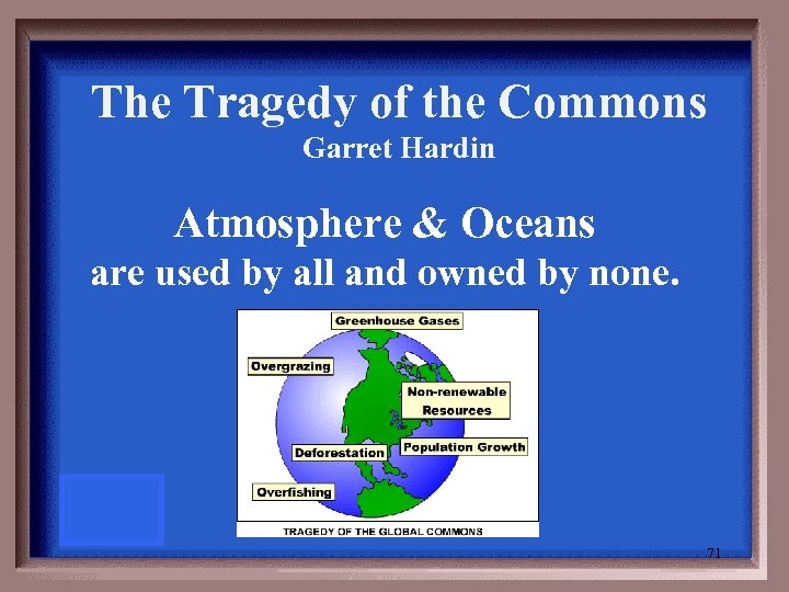 The Tragedy of the Commons Garret Hardin Atmosphere & Oceans are used by all
