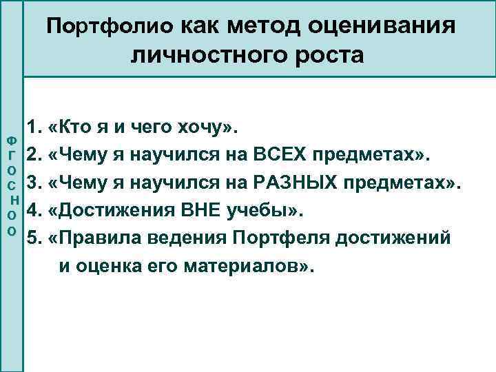 Портфолио как метод оценивания личностного роста Ф Г О С Н О О 1.