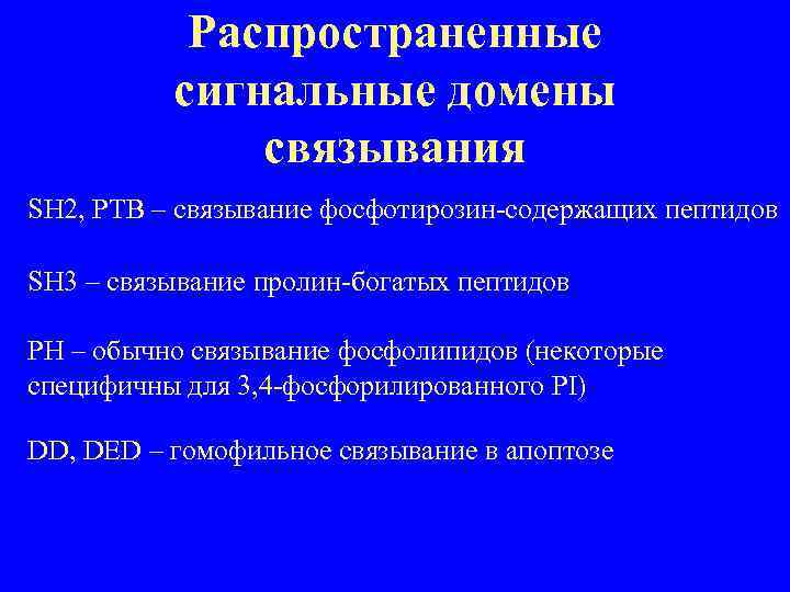 Распространенные сигнальные домены связывания SH 2, PTB – связывание фосфотирозин-содержащих пептидов SH 3 –