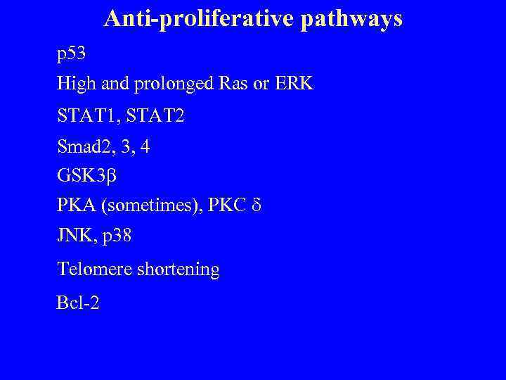 Anti-proliferative pathways p 53 High and prolonged Ras or ERK STAT 1, STAT 2