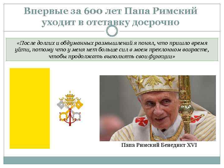 Впервые за 600 лет Папа Римский уходит в отставку досрочно «После долгих и обдуманных