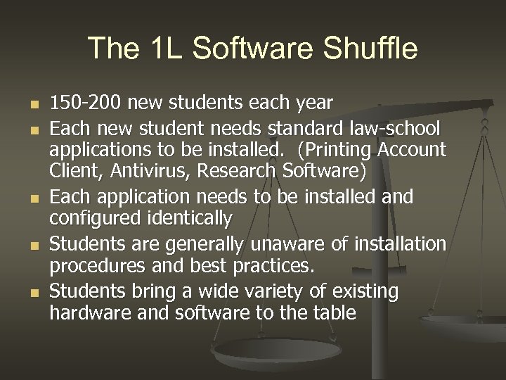 The 1 L Software Shuffle n n n 150 -200 new students each year