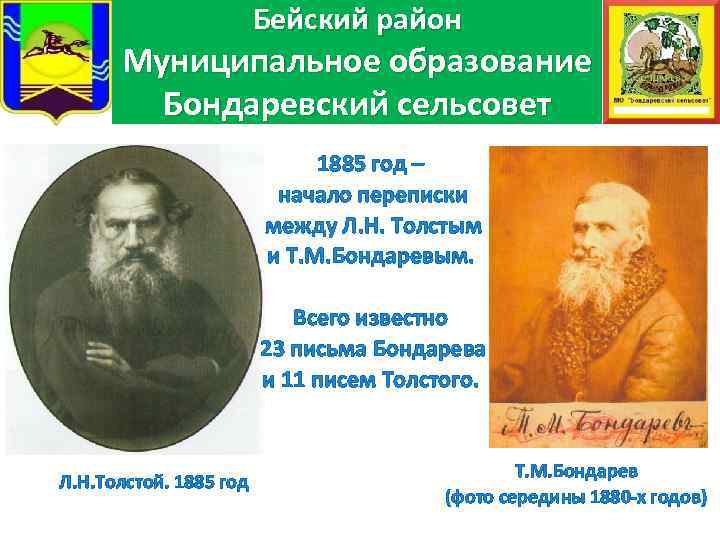 Бейский район Муниципальное образование Бондаревский сельсовет 1885 год – начало переписки между Л. Н.