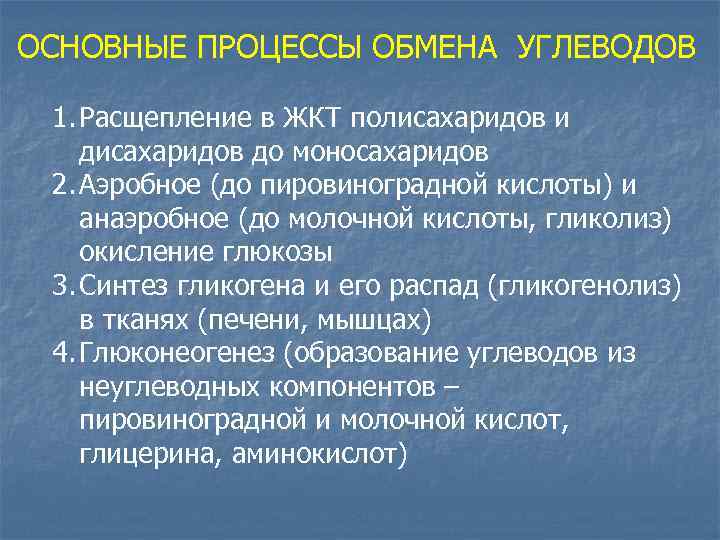 ОСНОВНЫЕ ПРОЦЕССЫ ОБМЕНА УГЛЕВОДОВ 1. Расщепление в ЖКТ полисахаридов и дисахаридов до моносахаридов 2.