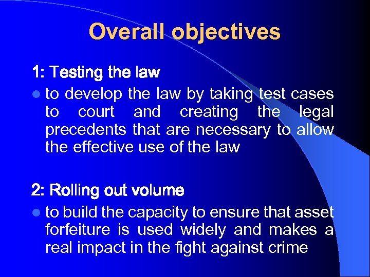 Overall objectives 1: Testing the law l to develop the law by taking test