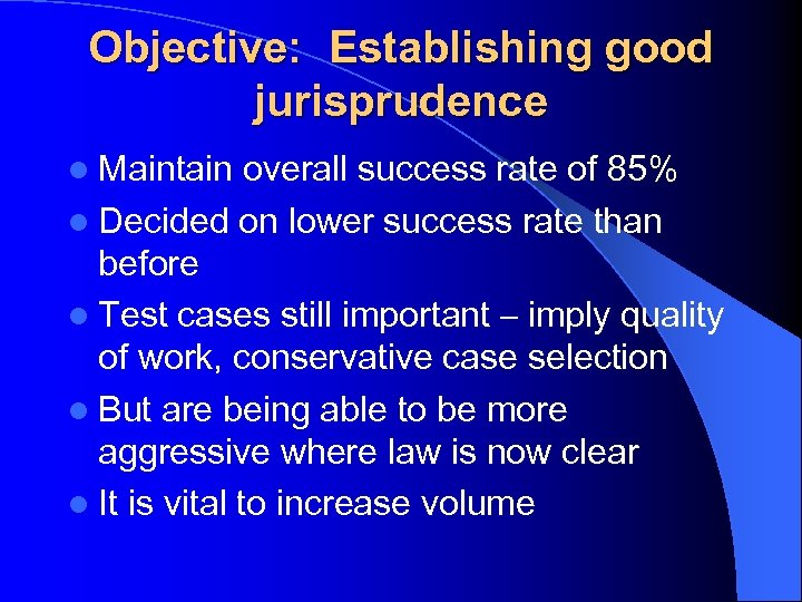 Objective: Establishing good jurisprudence l Maintain overall success rate of 85% l Decided on