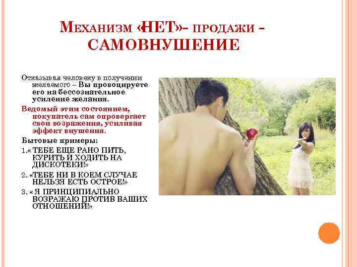МЕХАНИЗМ « НЕТ» - ПРОДАЖИ САМОВНУШЕНИЕ Отказывая человеку в получении желаемого – Вы провоцируете