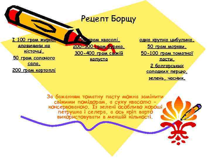 Рецепт Борщу I 100 грам жирної яловичини на кісточці, 50 грам солоного сала, 200