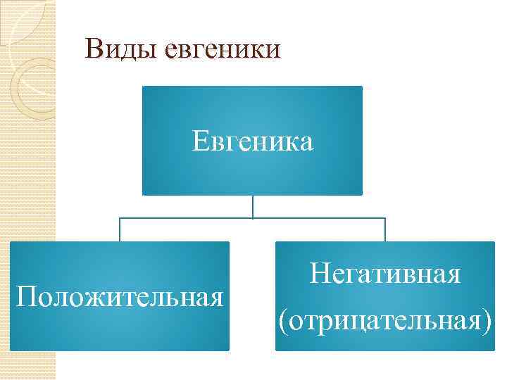Виды евгеники Евгеника Положительная Негативная (отрицательная) 