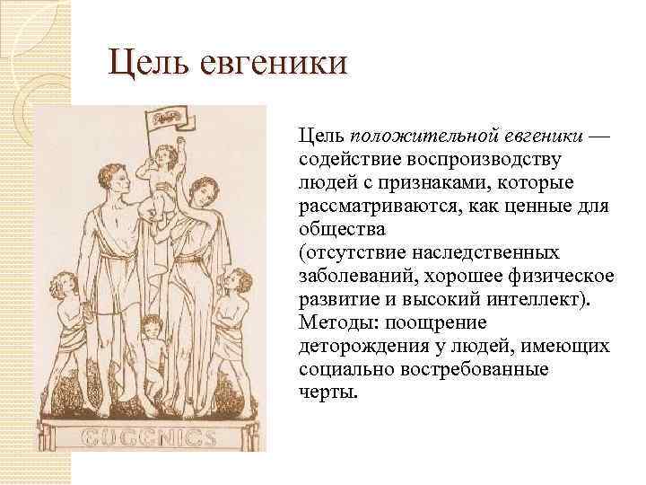 Цель евгеники Цель положительной евгеники — содействие воспроизводству людей с признаками, которые рассматриваются, как