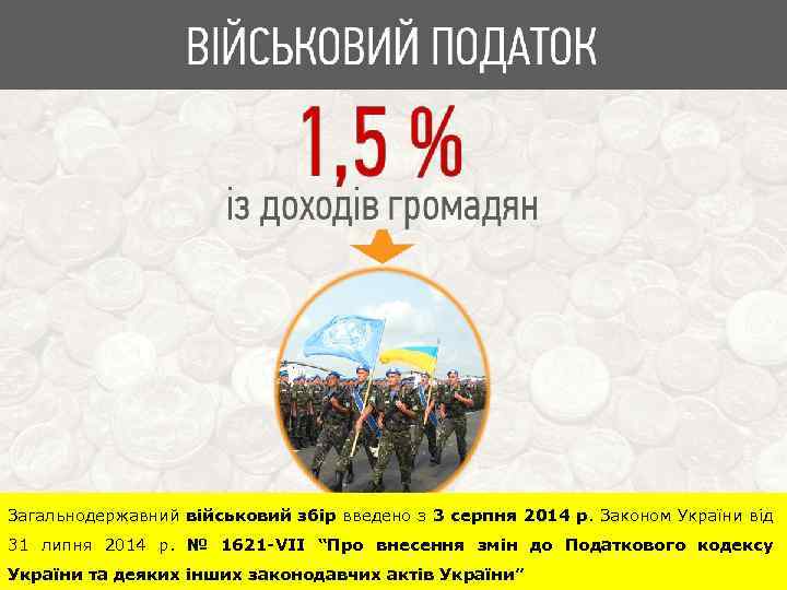Загальнодержавний військовий збір введено з 3 серпня 2014 р. Законом України від 31 липня
