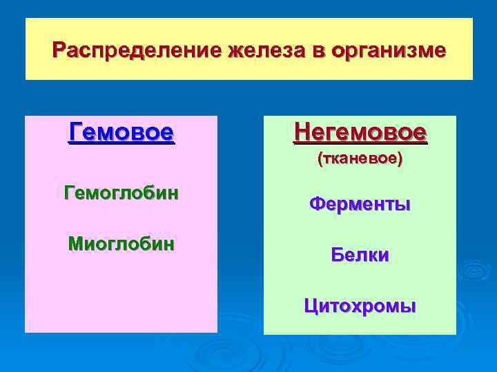 Распределение железа в организме Гемовое Негемовое (тканевое) Гемоглобин Миоглобин Ферменты Белки Цитохромы 