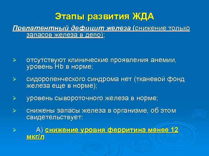 Этапы развития ЖДА Прелатентный дефицит железа (снижение только запасов железа в депо); Ø отсутствуют